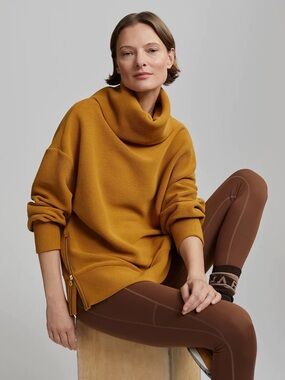 Varley Milton Sweater Ottoman Fabric w Oversized Neck & Side Zip in Mustard. M